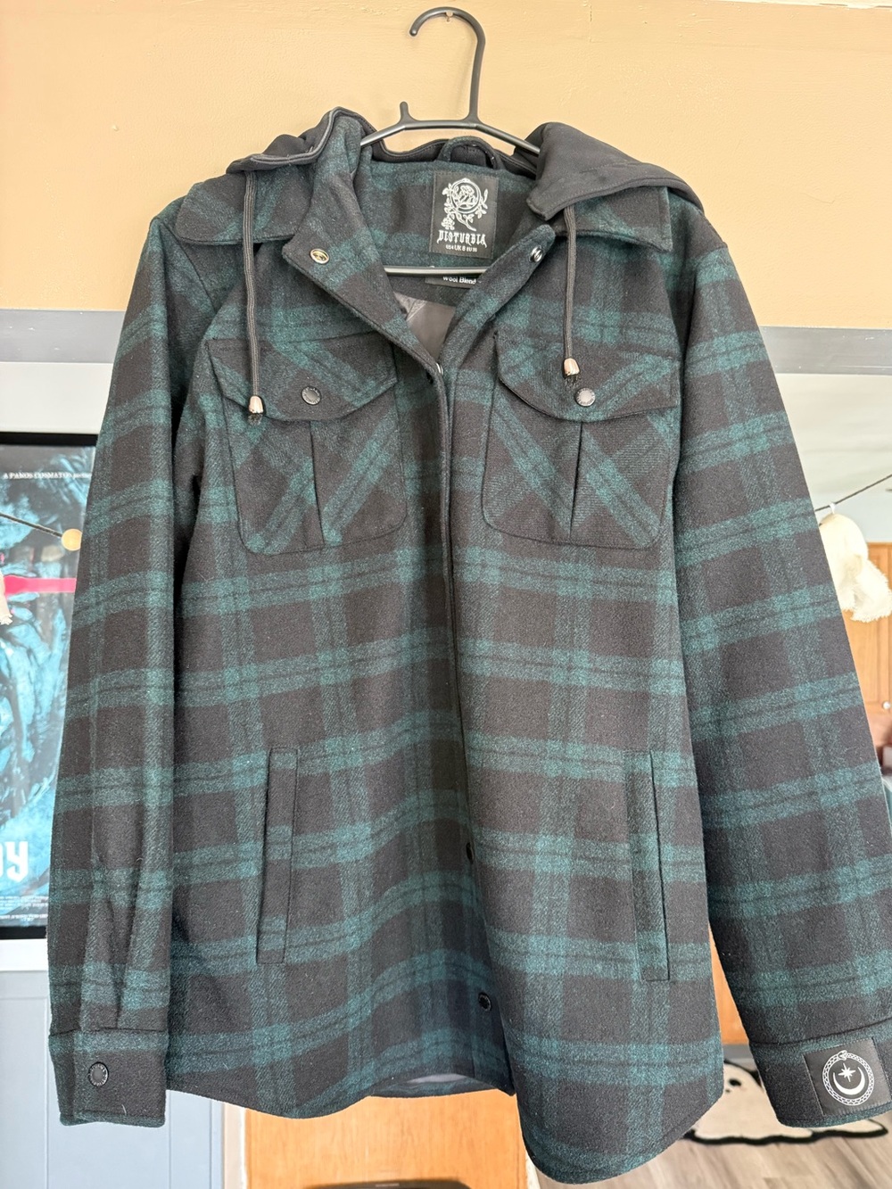Women’s DISTURBIA Trellis Hooded Pocket Wool Blend Check Shacket Size 4